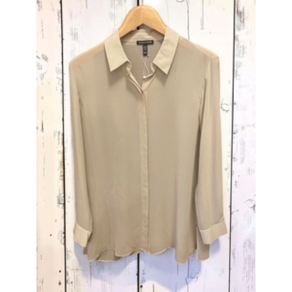 Eileen Fisher 100% Silk Georgette Crepe Classic Collar Blouse Shirt Tan XS NWOT
